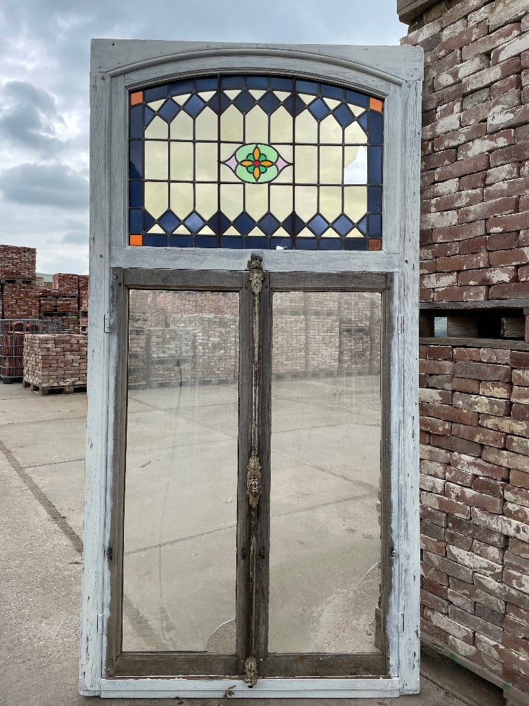 2 eiken kozijnen met glas in lood ramen 212x108.5cm, Ophalen