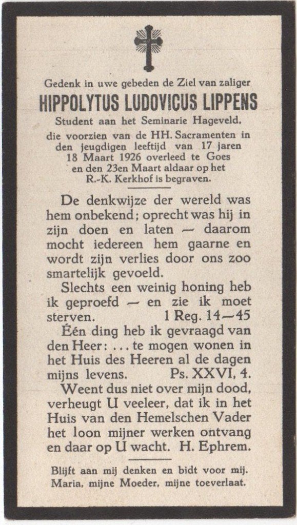 Hyppolitus Lippens 1908 's Heerenhoek + 1926 Goes, 17 jaar, Verzenden