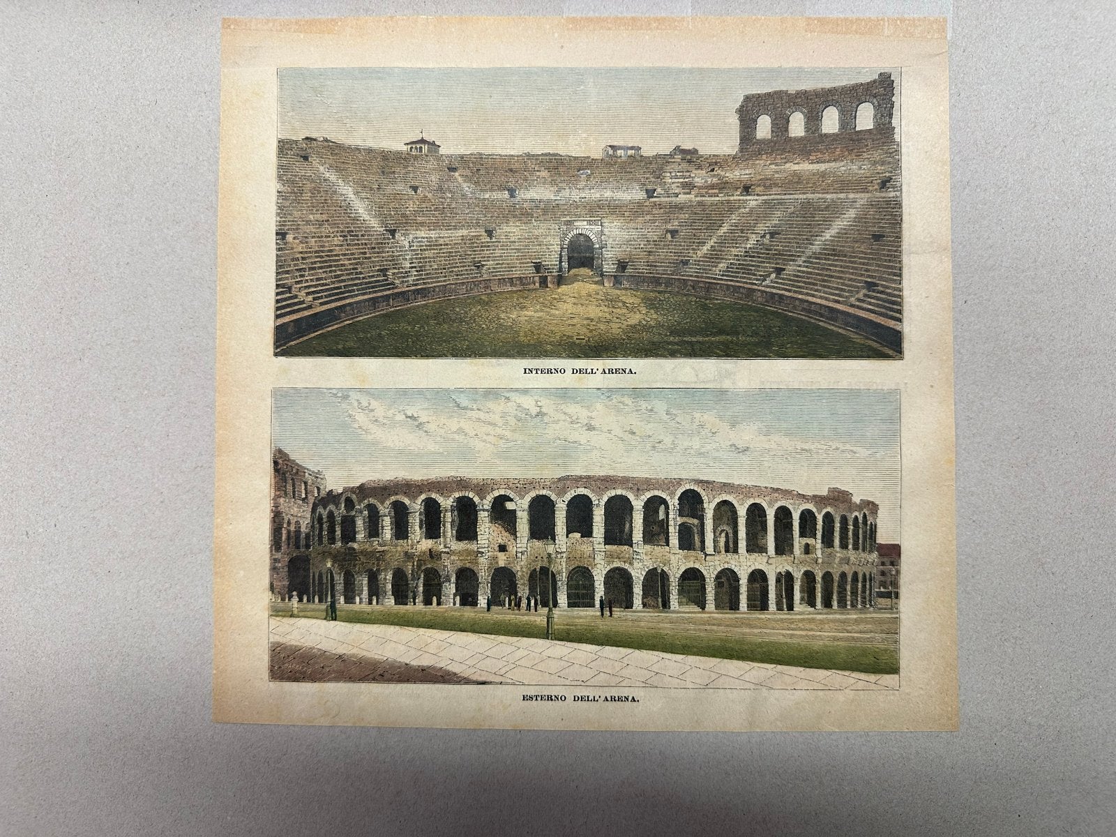 Antieke Houtsnede Arena van Verona, 1888, ingelijst, Ophalen, Handgekleurd, 1800 - 1899, Architectuur