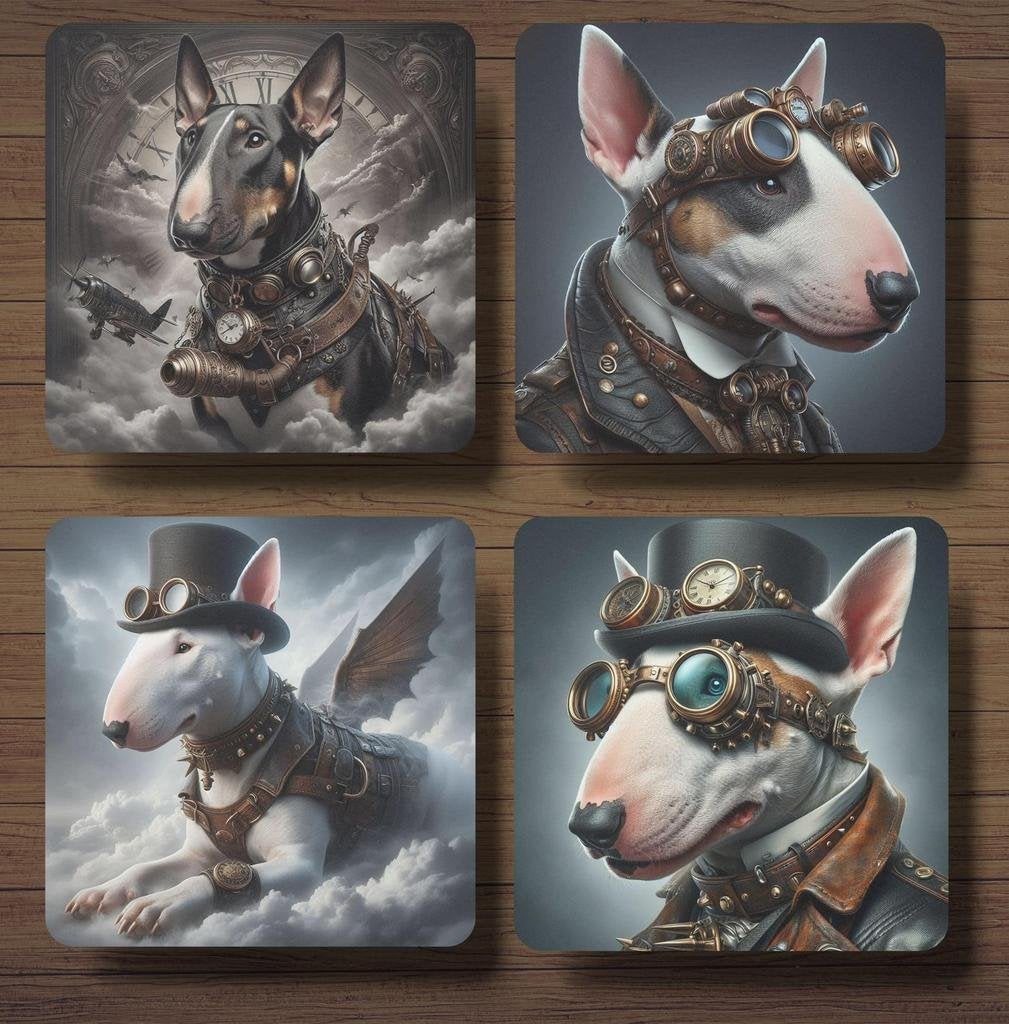 Bullterrier Steampunk onderzetters met houder, Ophalen of Verzenden, Nieuw