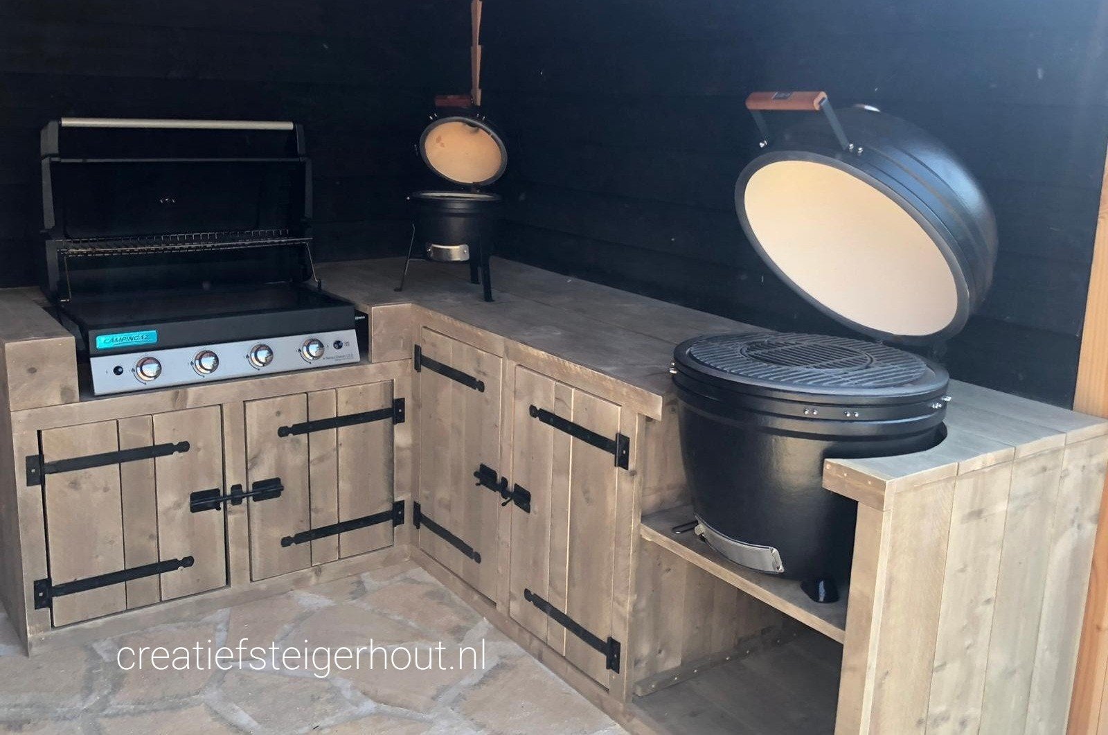 Steigerhouten buitenkeuken hoek mancave kamado grill gas bbq, Verzenden, Nieuw, Gas, Inbouw