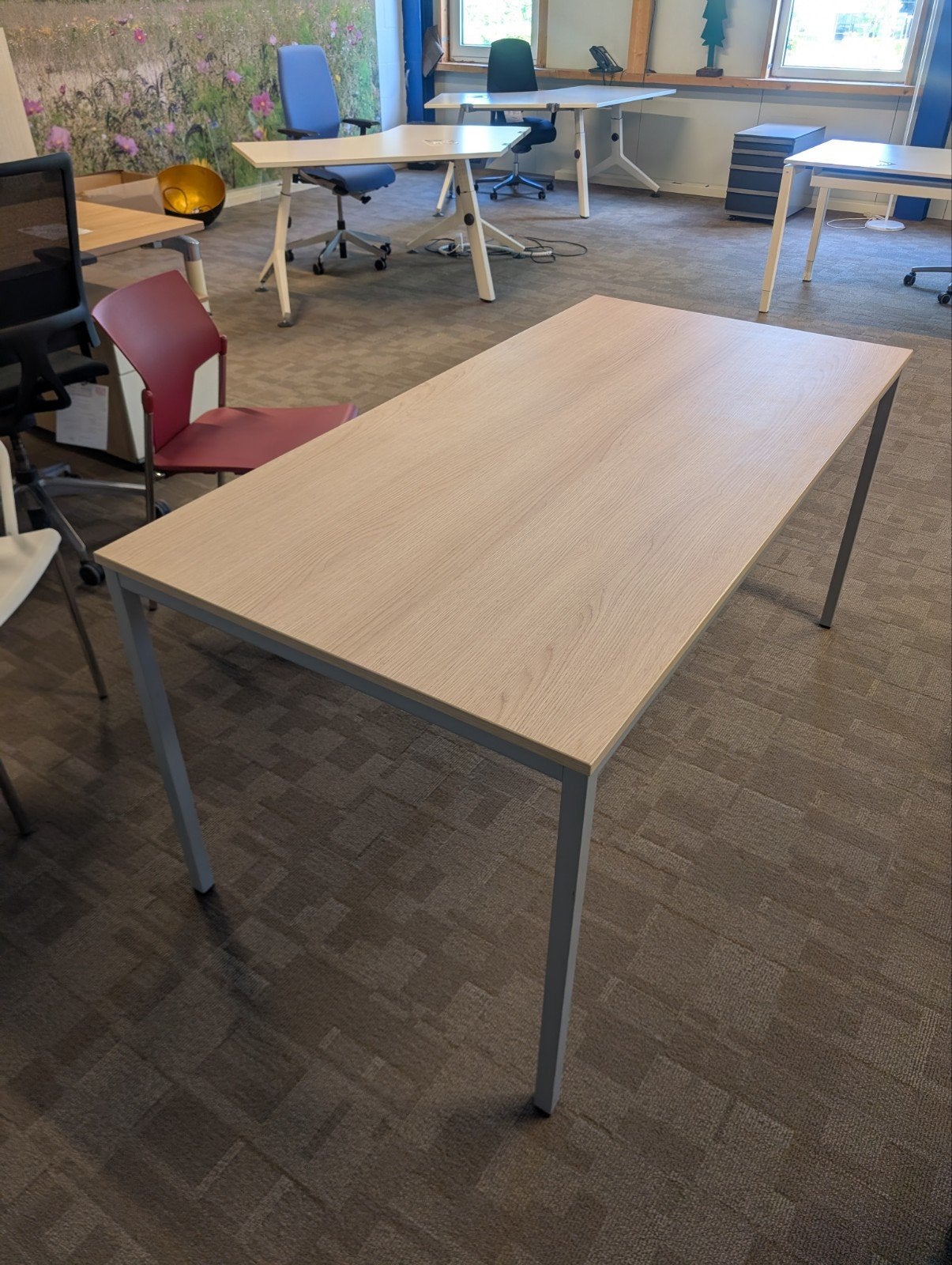 Kantine tafel 160x80 cm eiken melamine grijs zilver frame, Ophalen, Gebruikt