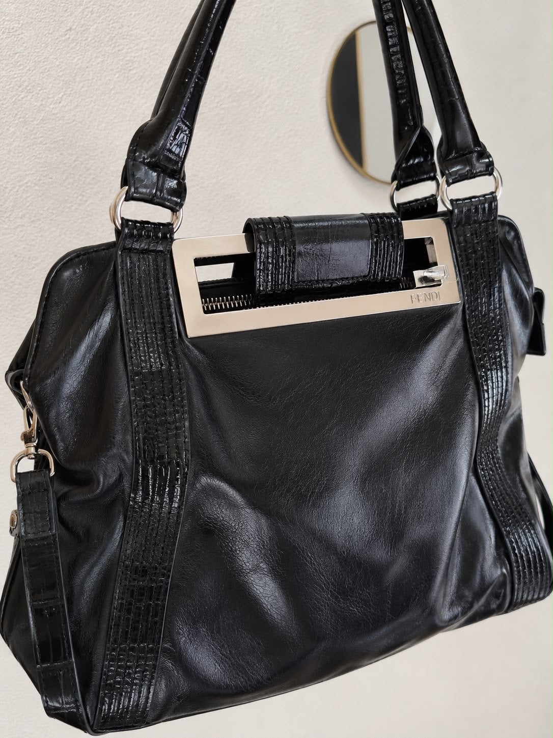 Fendi Zwarte Leren Handtas met Croco Details, Ophalen of Verzenden, Gebruikt, Zwart, Handtas