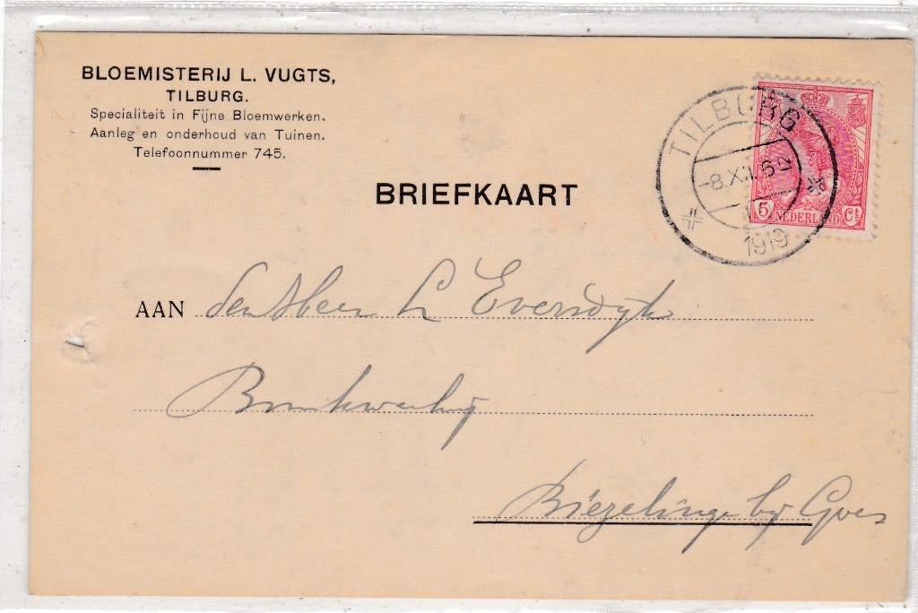 Tilburg-Briefkaart Bloemisterij L. Vugts 1919, Verzenden, Voor 1920, Gelopen, Noord-Brabant