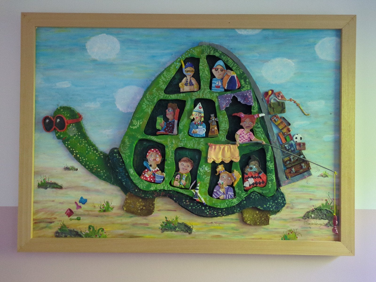 Uniek 3D schilderij: Schildpad met feestende figuren, Ophalen