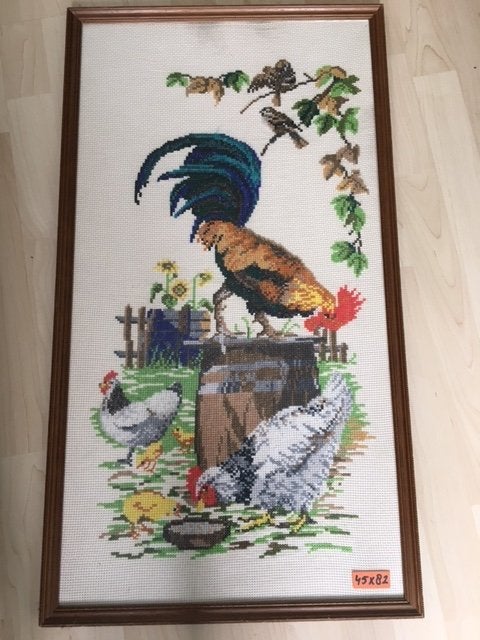 Mooi geborduurd en ingelijst Kippen en haan, Minder dan 50 cm, Ophalen of Verzenden, Zo goed als nieuw, Schilderij