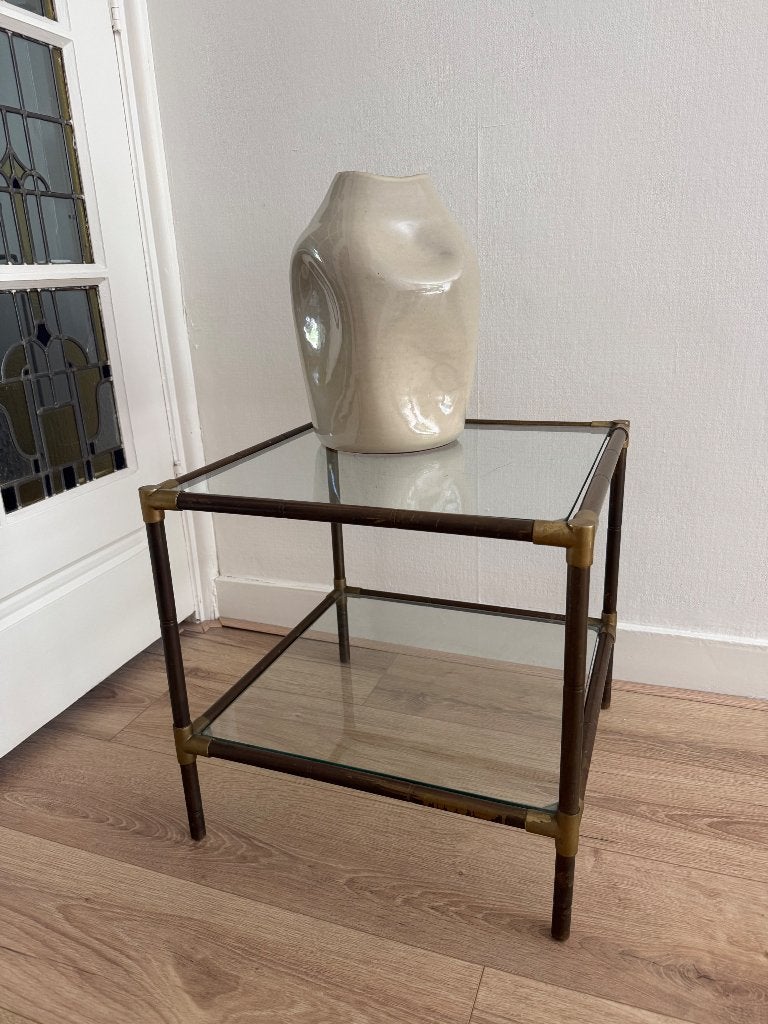 Bijzettafel vintage glas messing, Minder dan 55 cm, Gebruikt, Vierkant, Mid-Century