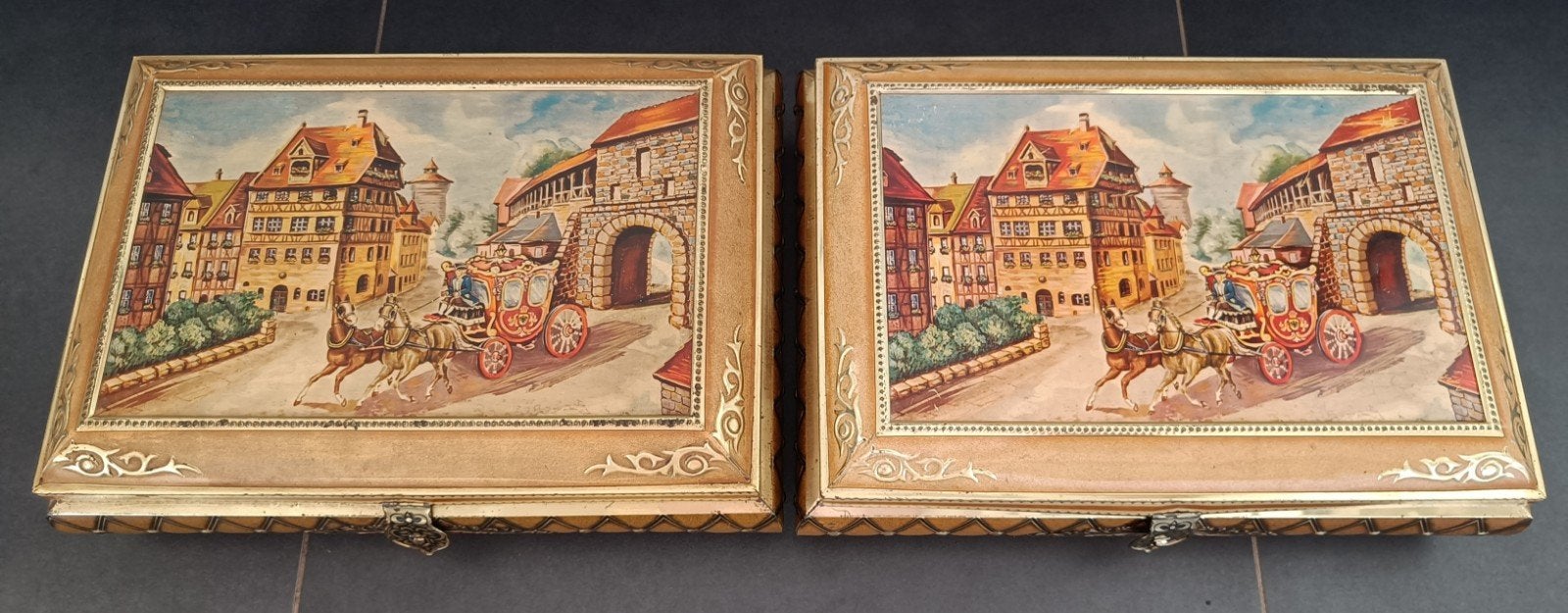 Vintage XL opbergblikken DBF met koetsafbeelding., Ophalen of Verzenden