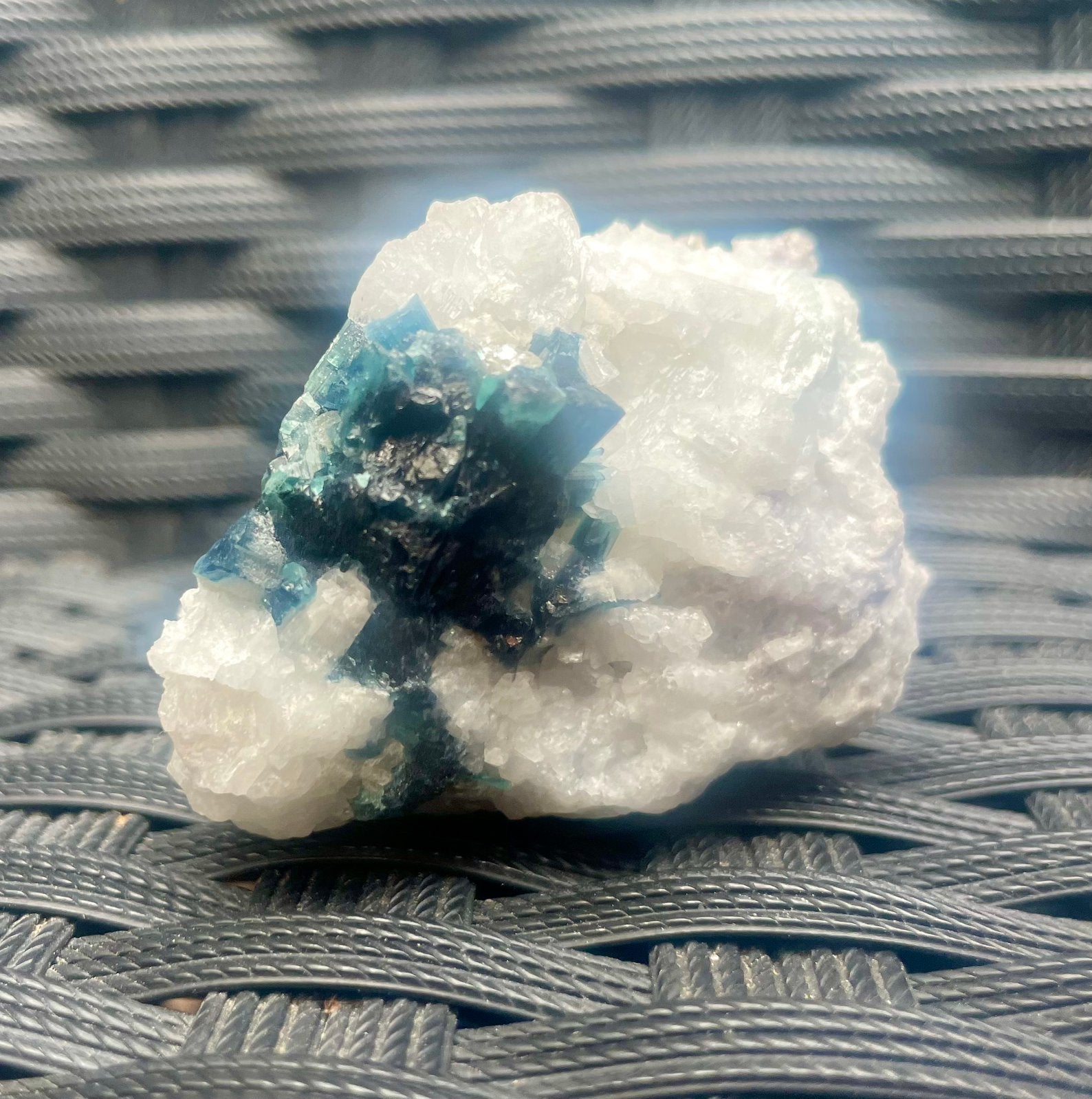 Zeldzame Blauwe Toermalijn op Albiet met Mica, Ophalen of Verzenden, Gebruikt