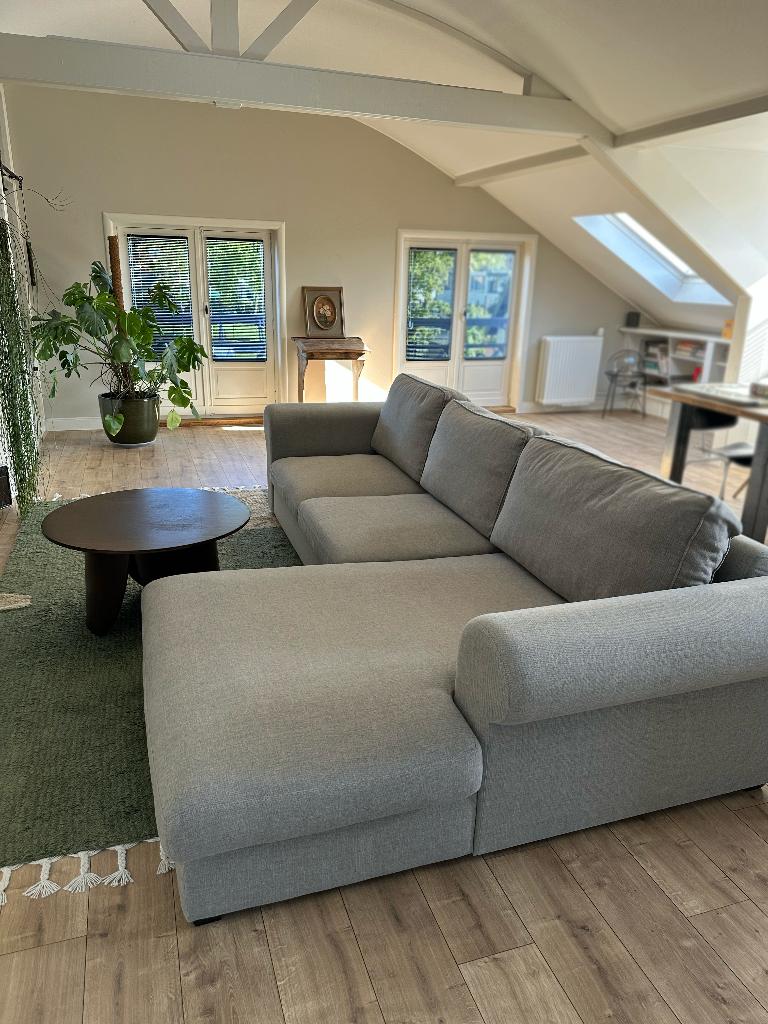 Grijze bank met chaise longue, wasbare kussens, Ophalen, 250 tot 300 cm, Gebruikt, Landelijk, modern