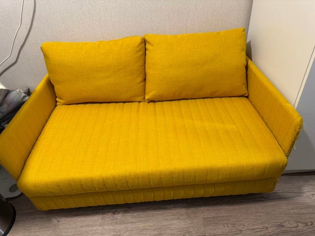 IKEA FRIDHULT 2-zits slaapbank geel / Sofa bed, Ophalen, Geel, 190 cm of minder, Zo goed als nieuw