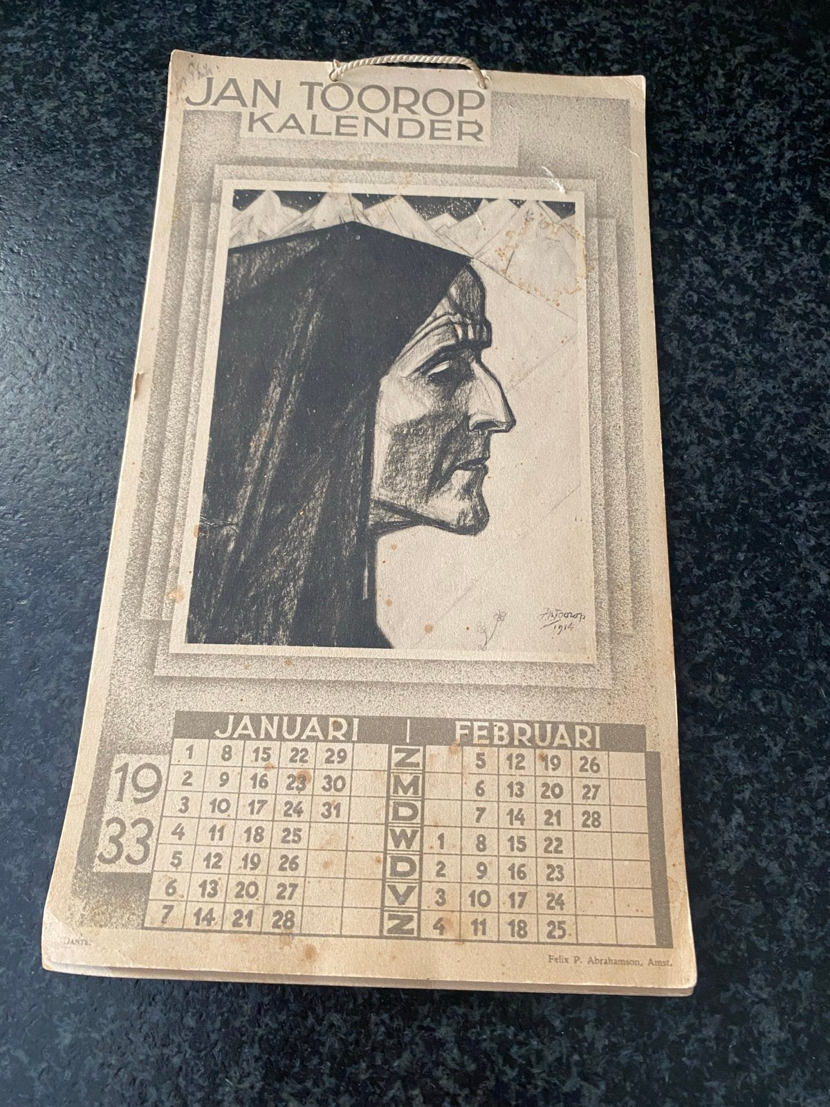 Unieke Jan Toorop kalender 1933, Portret en Figuren, Ophalen of Verzenden, Overige techniek, Gesigneerd in de plaat