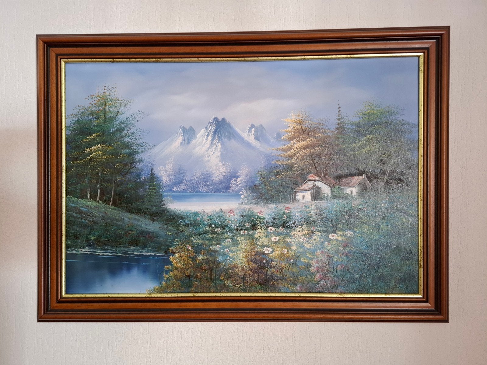 Schilderij olieverf 103 x 73 incl. lijst. Berglandschap met, Ophalen, Doek, Landschap, Olieverf