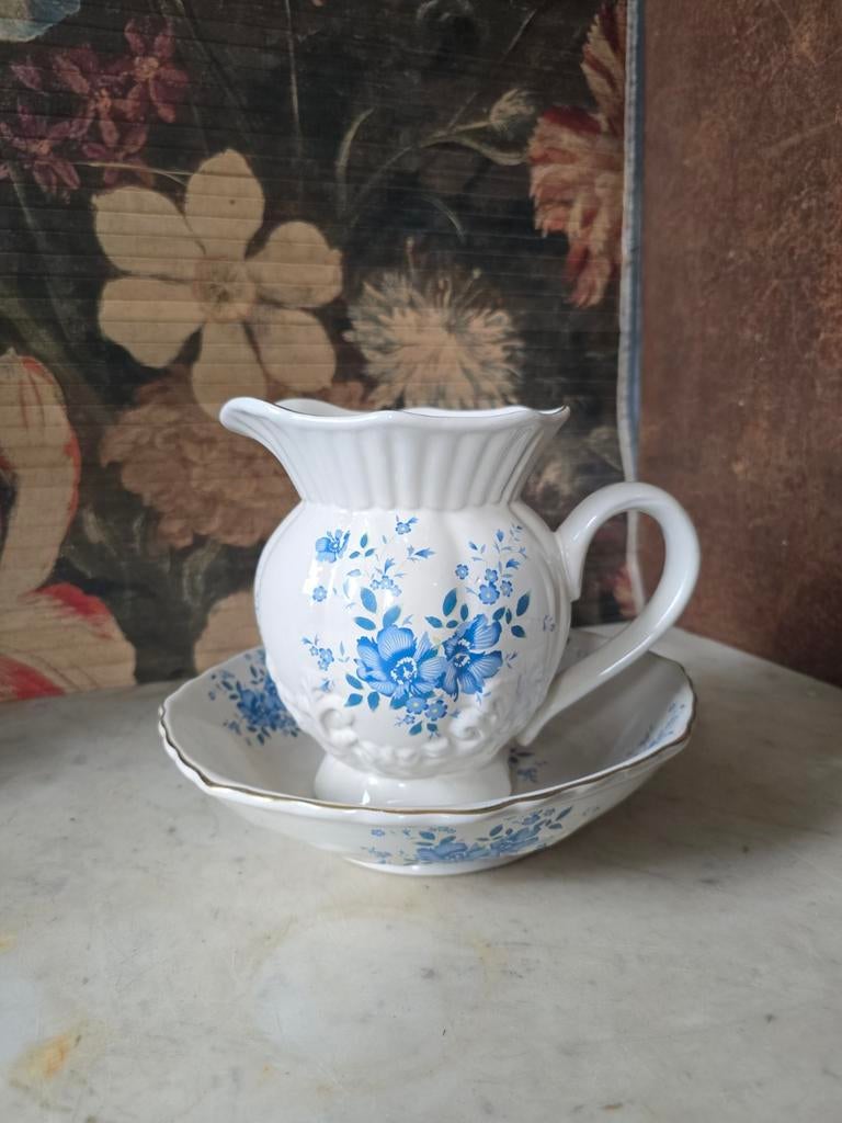 Brocante lampetkan met schaal bloemetjes, Antiek en Kunst, Curiosa en Brocante, Ophalen of Verzenden
