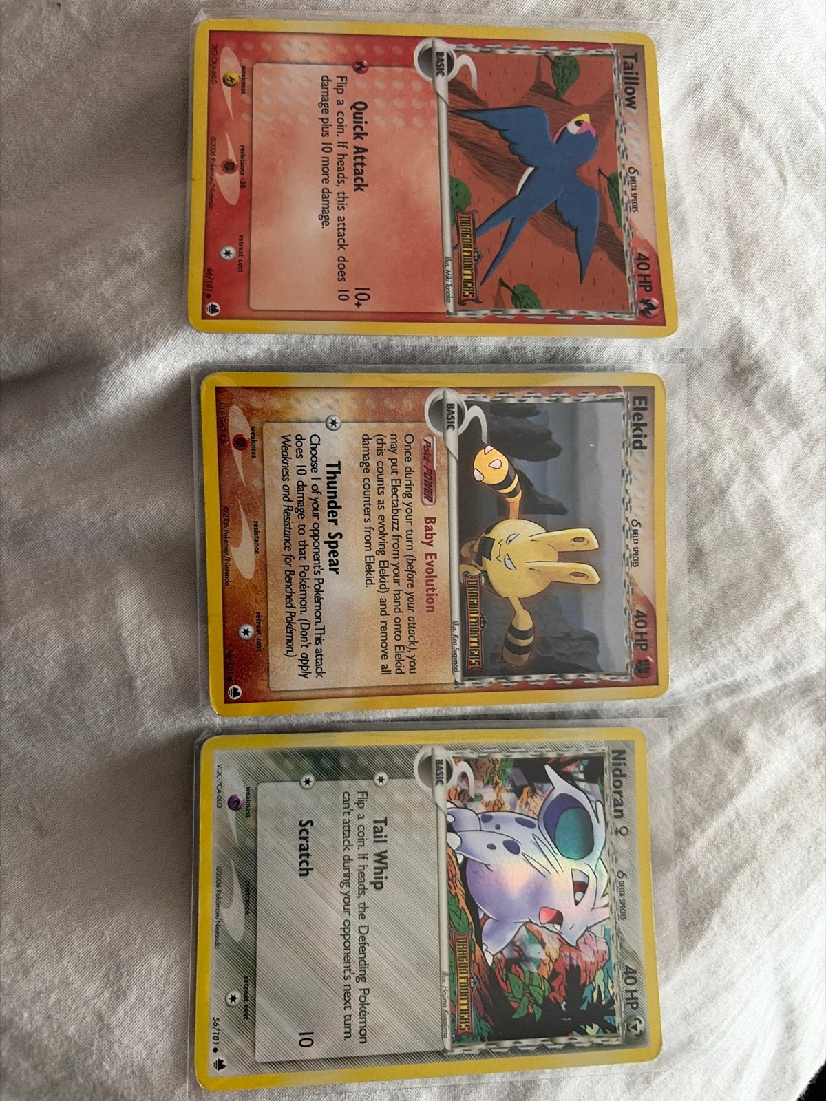 Pokémon Kaarten: Taillow, Elekid, Nidoran 2 (3 kaarten), Ophalen of Verzenden, Gebruikt, Meerdere kaarten