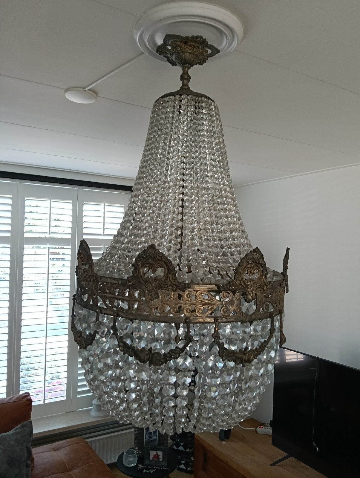 antieke kristallen hang lamp groot, Huis en Inrichting, Lampen | Kroonluchters, Ophalen