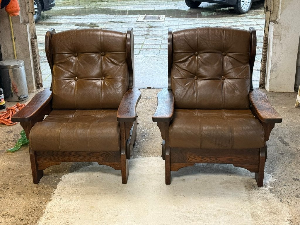 2 vintage lederen eiken fauteuil, Antiek en Kunst, Ophalen