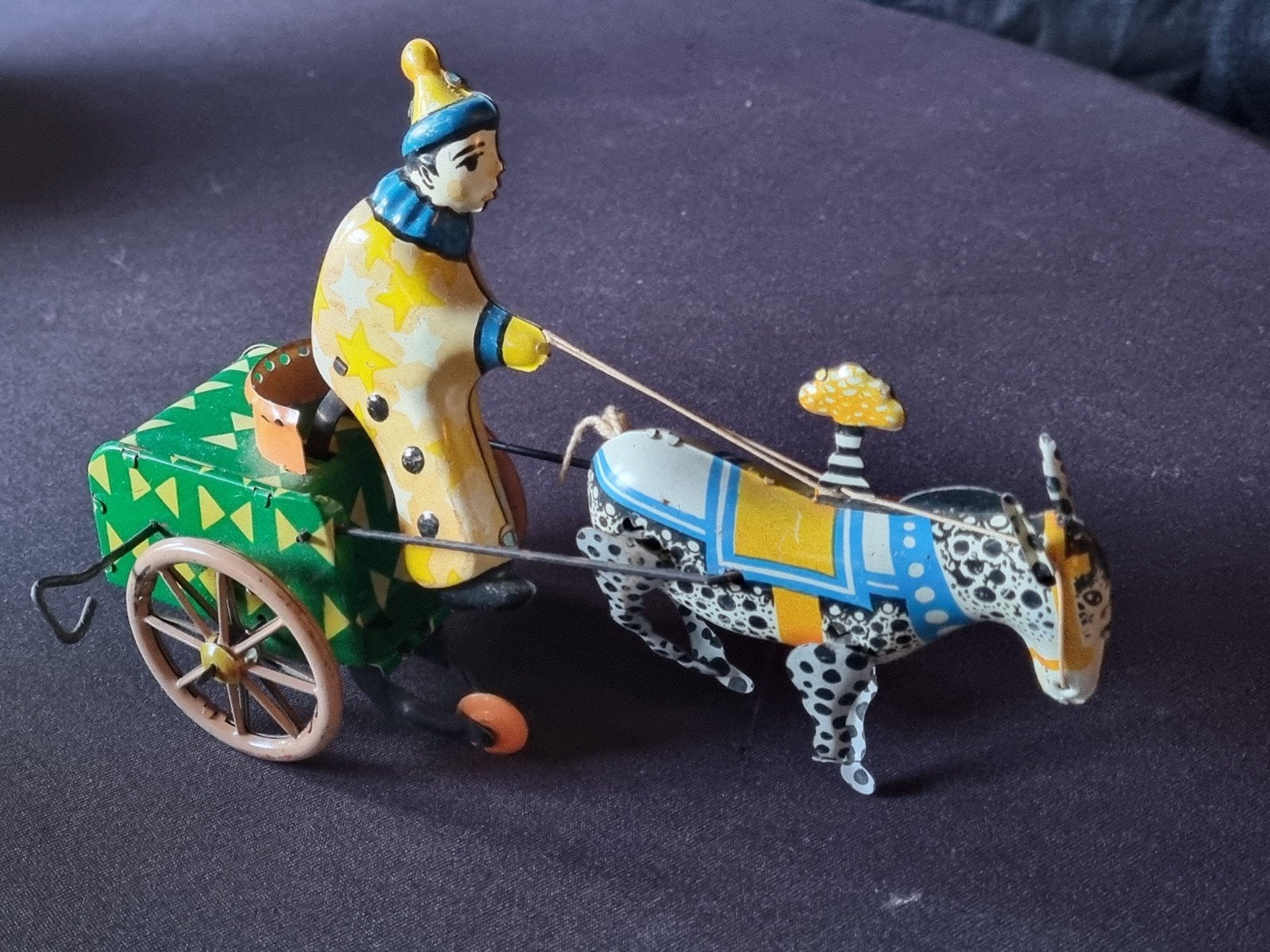 Vintage blikken speelgoed: Clown met ezel en kar, Ophalen of Verzenden