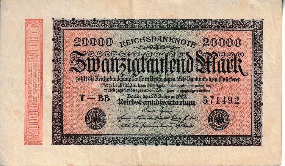 WEIMARREPUBLIEK-REICHSBANKNOTE - 20-02-1923 = 20.000 MARK, Postzegels en Munten, Bankbiljetten | Europa | Niet-Eurobiljetten, Ophalen of Verzenden