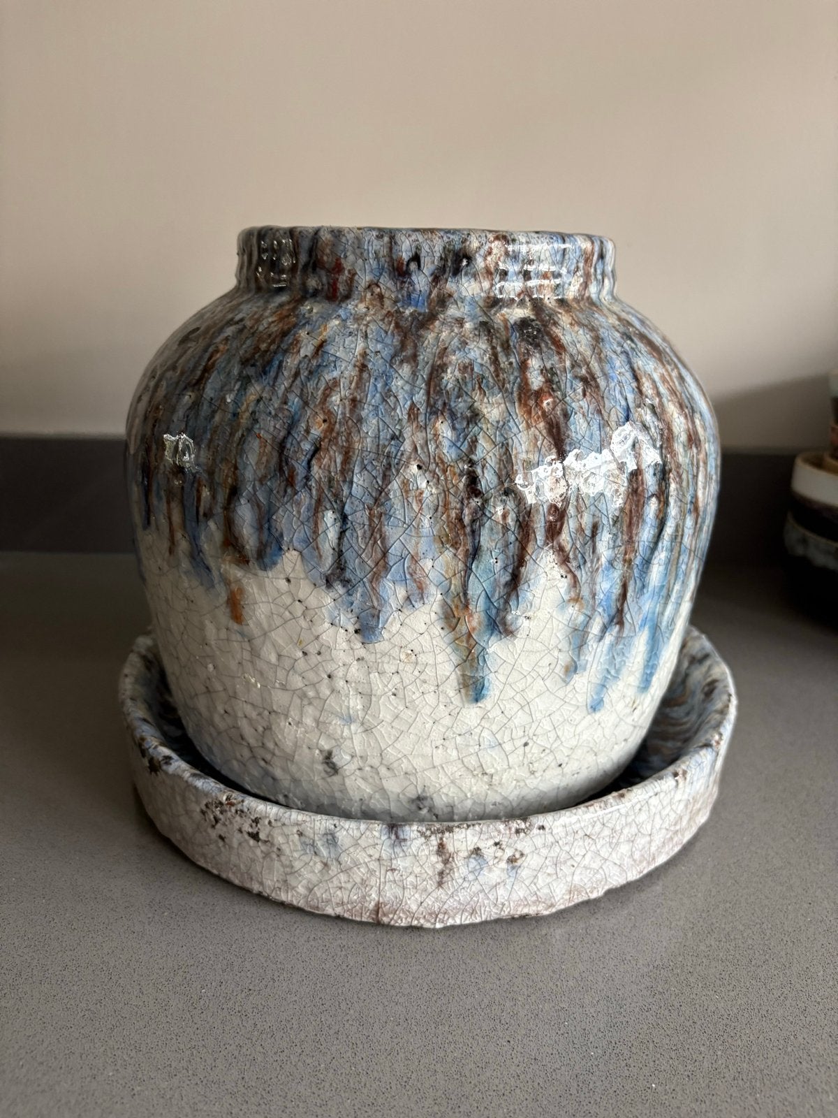 PTMD Home Keramieken Bloempot met Schotel - Blauw/Wit, Ophalen, Blauw
