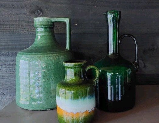 3x vintage 1970 schenkkan vaas groen., Huis en Inrichting, Woonaccessoires | Vazen, Ophalen of Verzenden, Zo goed als nieuw, Groen