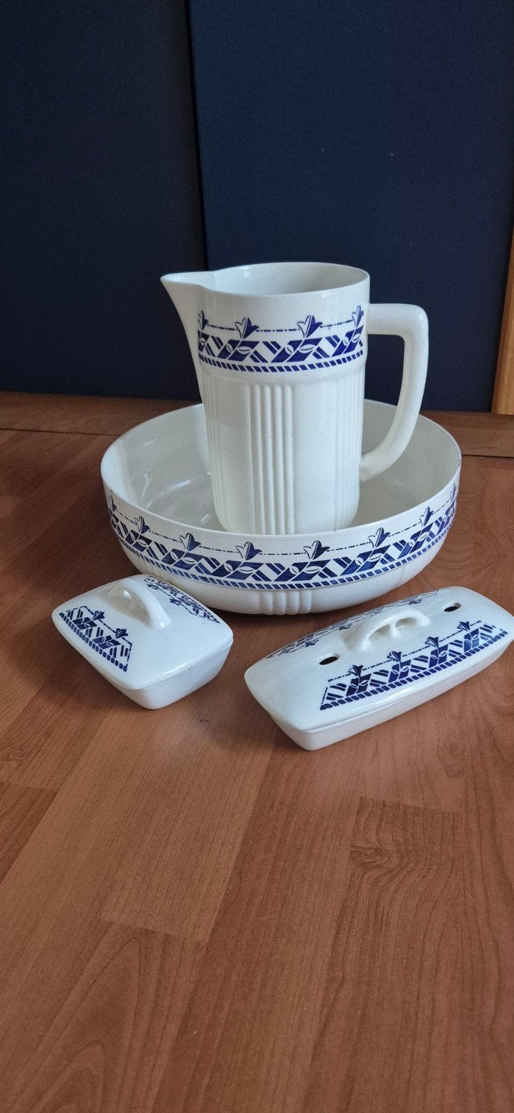 Antieke waskom en kan set met zeepbakjes - Blauw/Wit, Antiek en Kunst, Ophalen of Verzenden