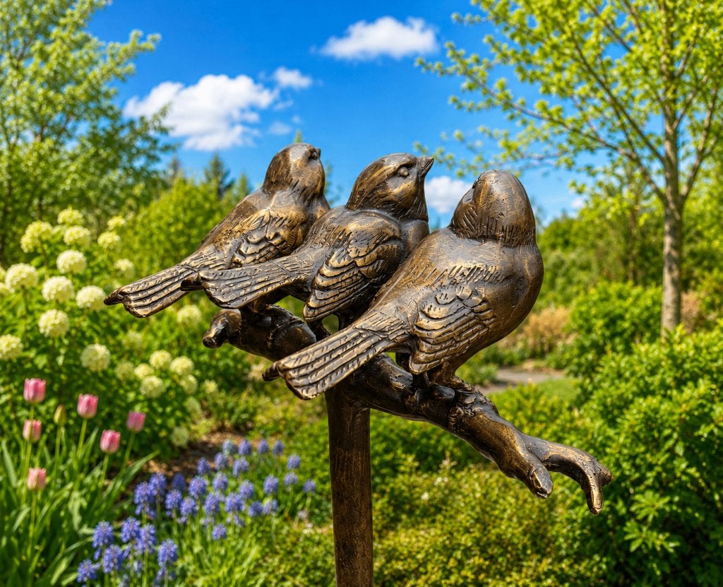 3 VOGELS OP TAK / mussen/ TUINSTEKER / BRONS, Nieuw, Info@huisentuindecoratiemarie.nl, Huis en tuin decoratie marie, Peize