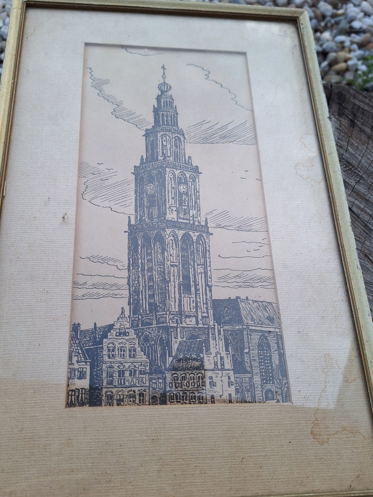 Martinitoren Groningen - Vintage Prent, Antiek en Kunst, Ets, Stadsgezicht, Ophalen of Verzenden, Gesigneerd