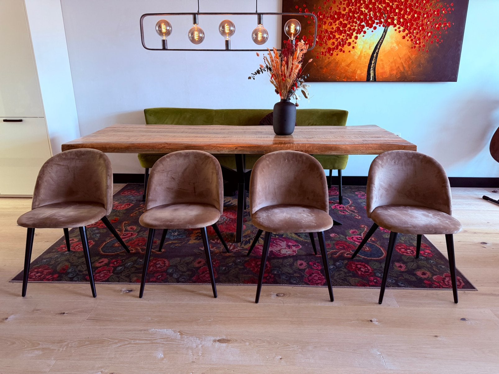 4 Woood Fay eetkamerstoelen, Huis en Inrichting, Stoelen, Zo goed als nieuw, Vier, Stof, Bruin, Ophalen