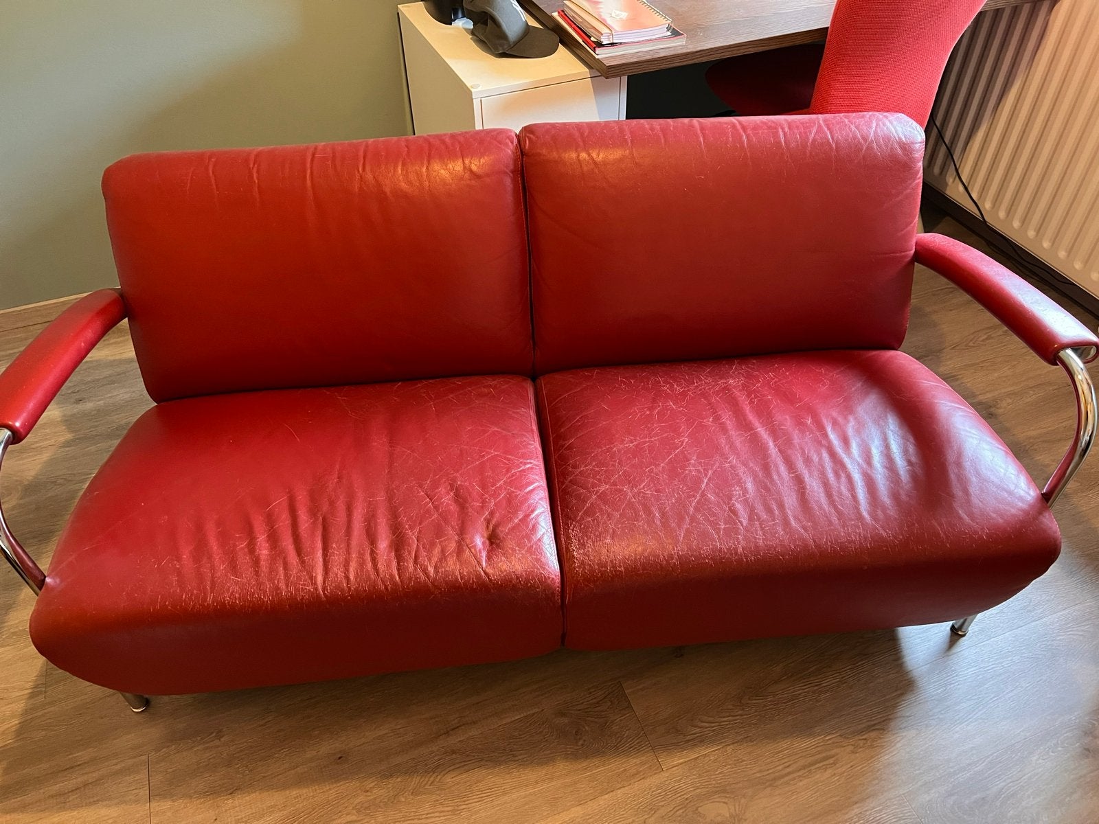 Leolux Scylla 2-persoons bank - Rood leer, Ophalen, Gebruikt, Tweepersoons, Leer