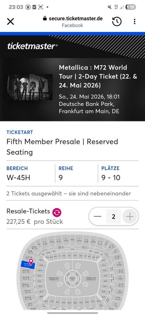 Metallica zitplaatsen 2x Frankfurt am main 22/24 mei, Twee personen, Juli