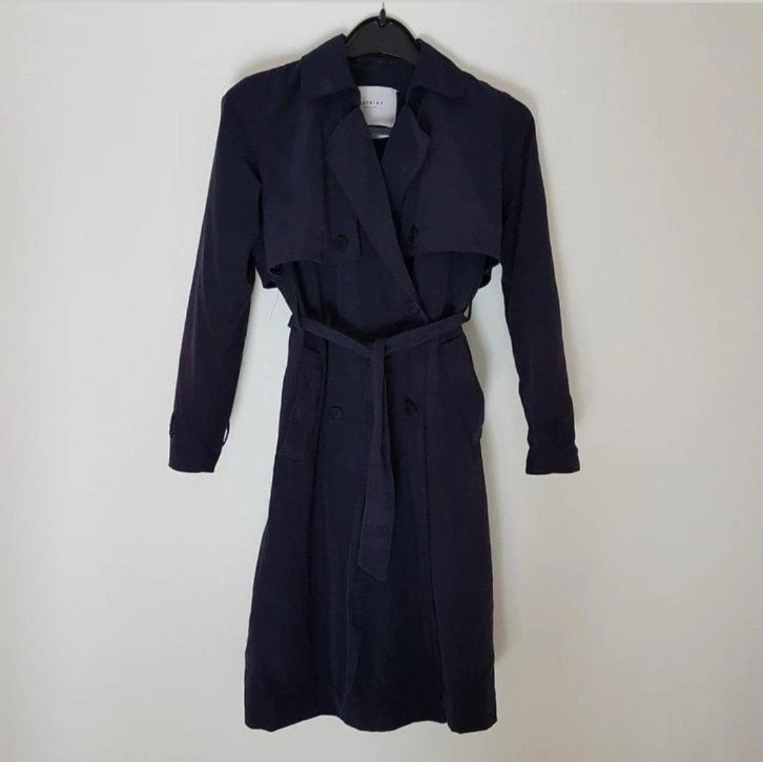 distrikt trenchcoat lange jas maat s, Kleding | Dames, Ophalen of Verzenden, Zo goed als nieuw, Maat 36 (S), Blauw
