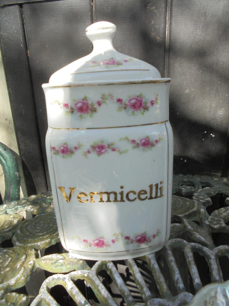 Brocante voorraadpot Vermicelle vol met roze roosjes, Antiek en Kunst, Curiosa en Brocante, Ophalen of Verzenden