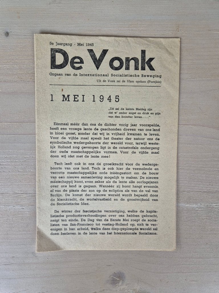 Wo2 Illegale pers verzetskrant De Vonk, 1 mei 1945 (3), Ophalen of Verzenden, Overige soorten, Nederland, Boek of Tijdschrift