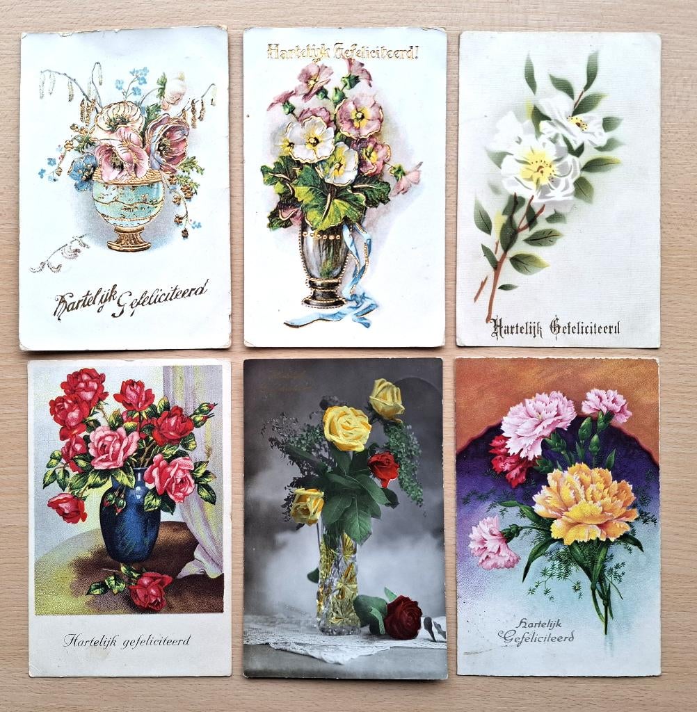vintage felicitatie-kaarten met bloemen - uit 1930-1940, Verzenden, 1920 tot 1940, Gelopen, Feest(dag)