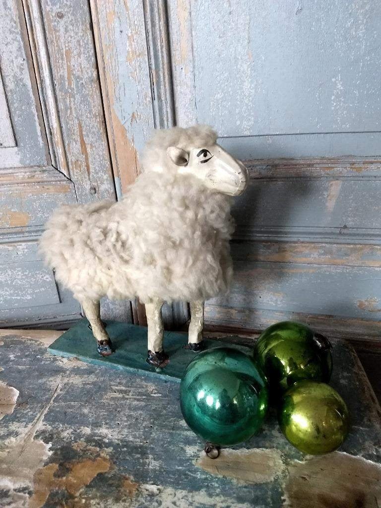 zeldzaam antiek WOLLEN SCHAAP met PAPIER MACHÉ HOOFD, Antiek en Kunst, Ophalen of Verzenden