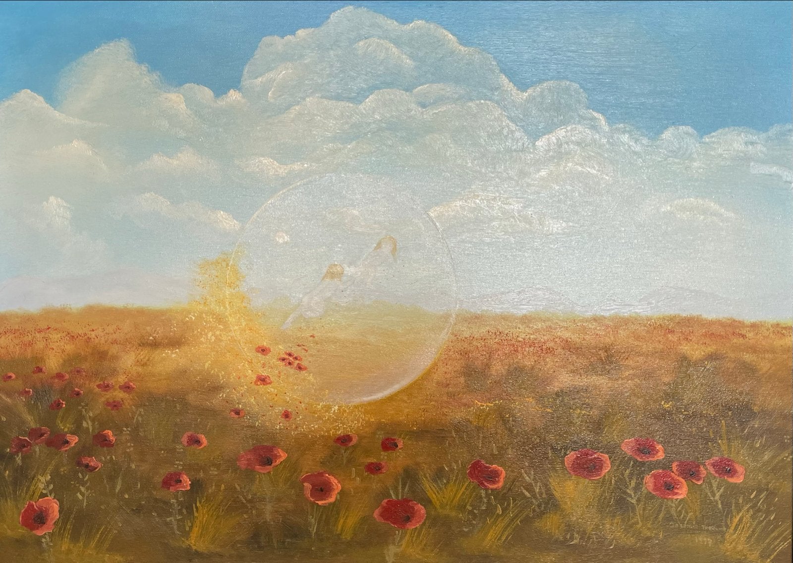 Schilderij met klaprozen en zwevende figuur in lijst, Ophalen, Ingelijst, Olieverf, Hout