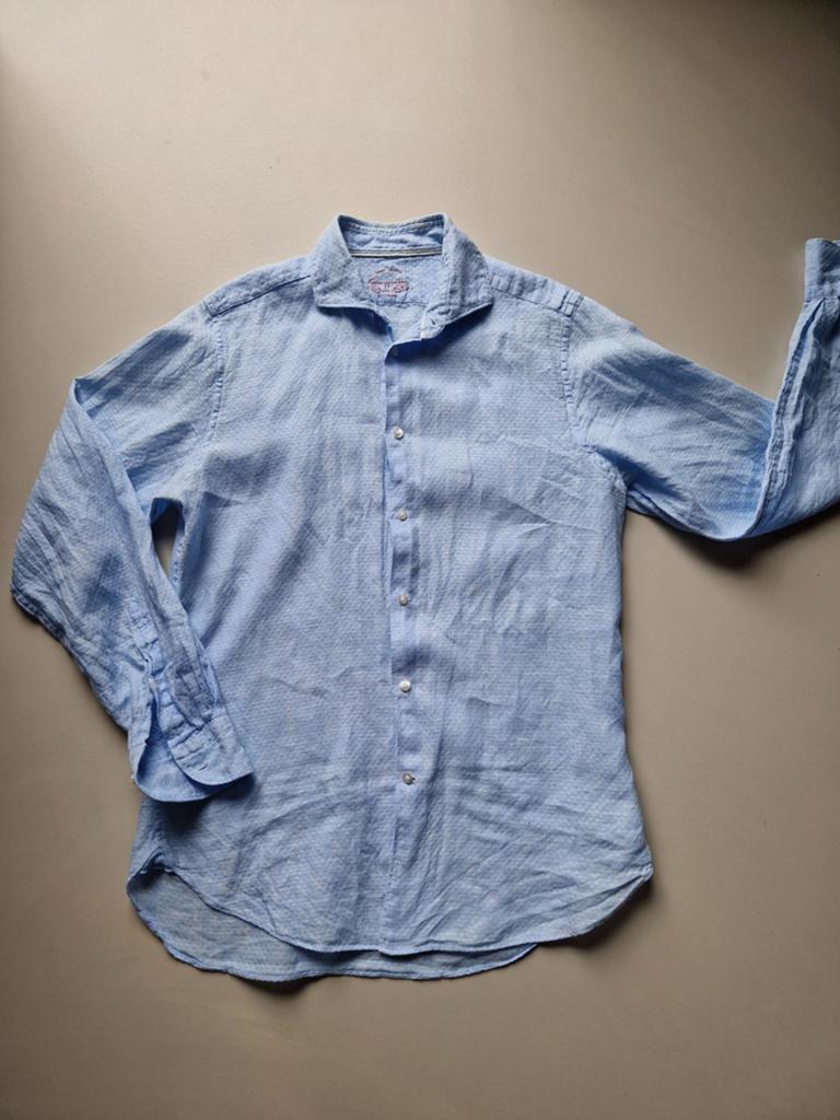 Lichtblauw linnenachtig overhemd mt L, Onbekend, Blauw, Ophalen of Verzenden, Overige halswijdtes