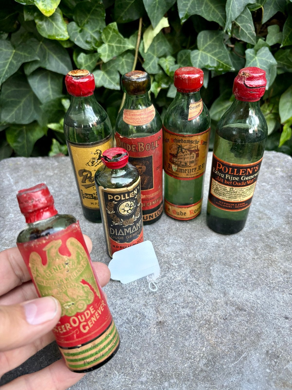 6 Antieke Mini Jeneverflesjes - Oude Merken, Ophalen of Verzenden