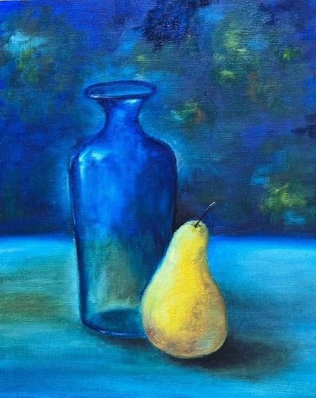 "A Blue Pear" (oil painting by Kuijken, 24x30 cm), Ophalen of Verzenden, Nieuw, Olieverf