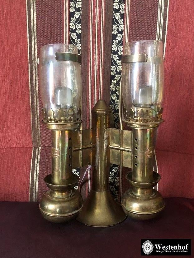 2 Arms industriële wandlamp vintage DLC koper, Ophalen of Verzenden, Gebruikt, Glas