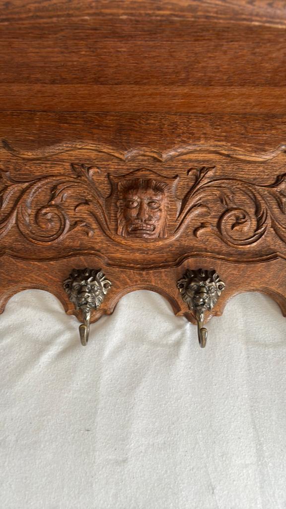 Vintage houten kapstok met 6 koperen haken, Huis en Inrichting, Gebruikt, Minder dan 100 cm, Hout, Ophalen