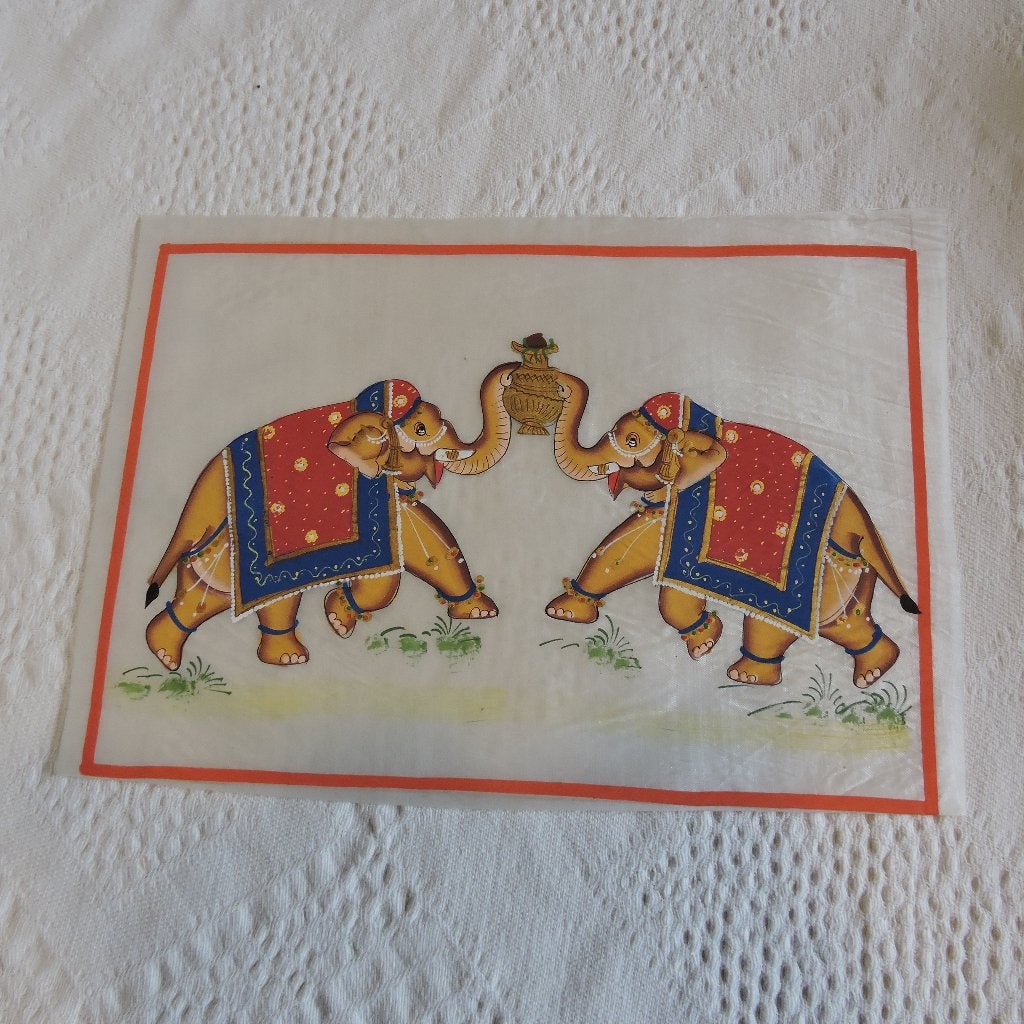 Schilderij zijde olifant India 33 x 24 cm, Antiek en Kunst, Wanddecoratie, Textiel, India, Handgemaakt