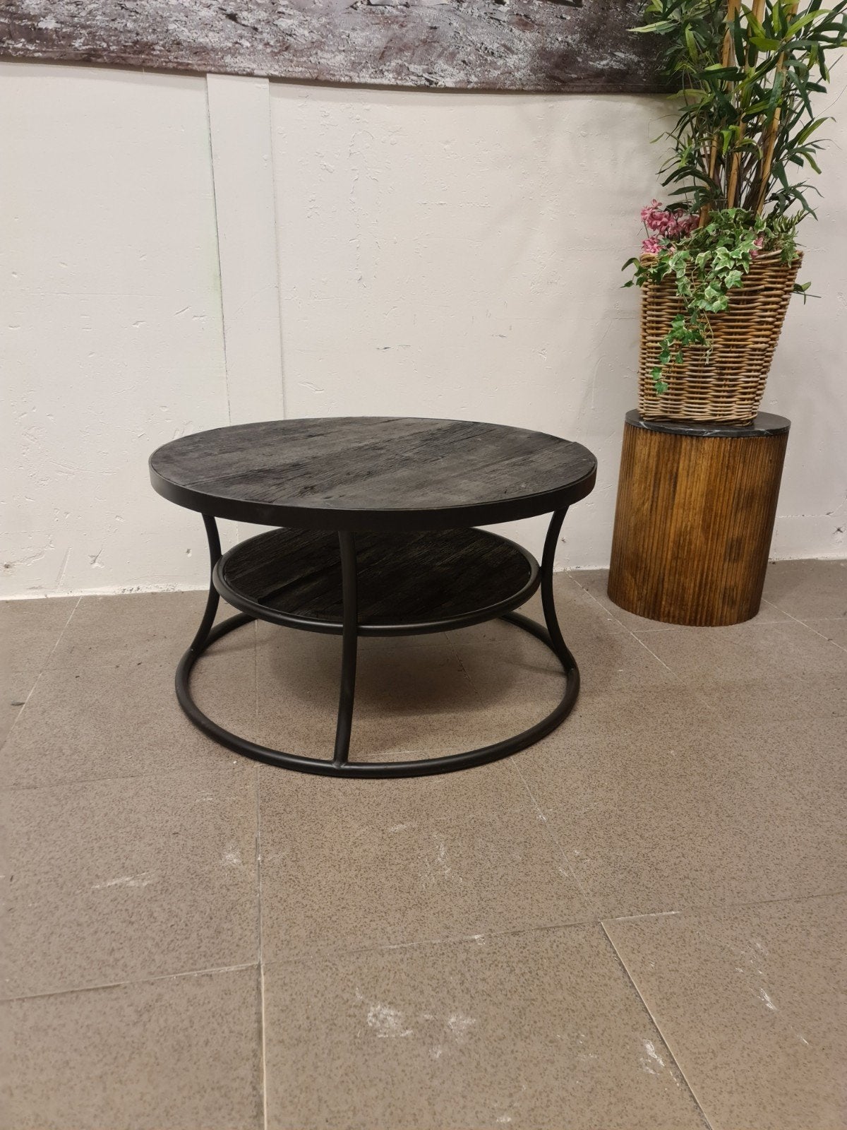 nieuwe industriële salontafel teakhout driftwood 90x90x50cm, Ophalen, Hout, Zwart, .
