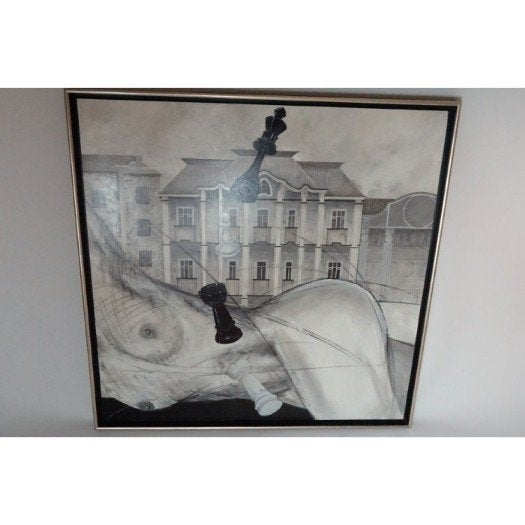 # Erotisch schilderij liggende dame huizen met schaakstukken, Ophalen