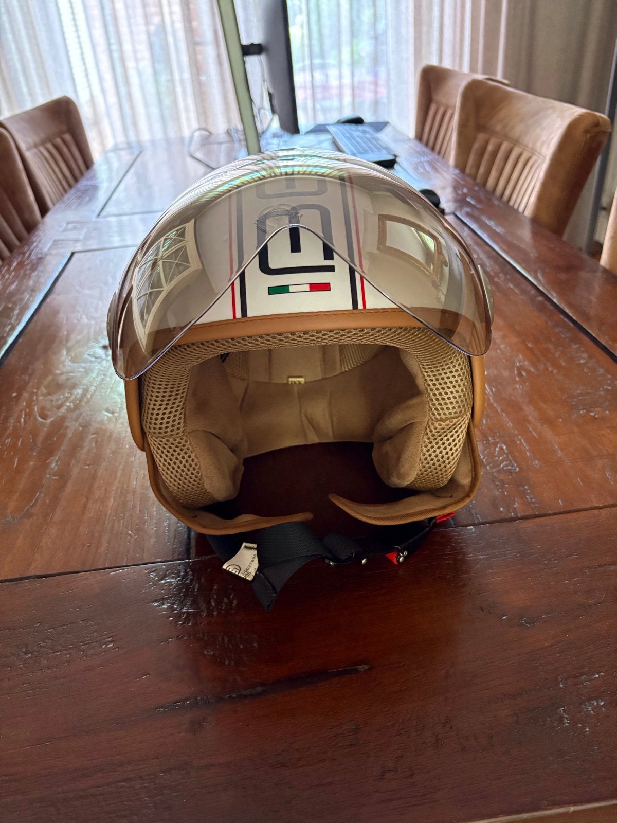 Scooterhelm XXL - Wit met Italiaanse strepen, Fietsen en Brommers, Brommerhelmen, Ophalen, Zo goed als nieuw, Extra large of groter