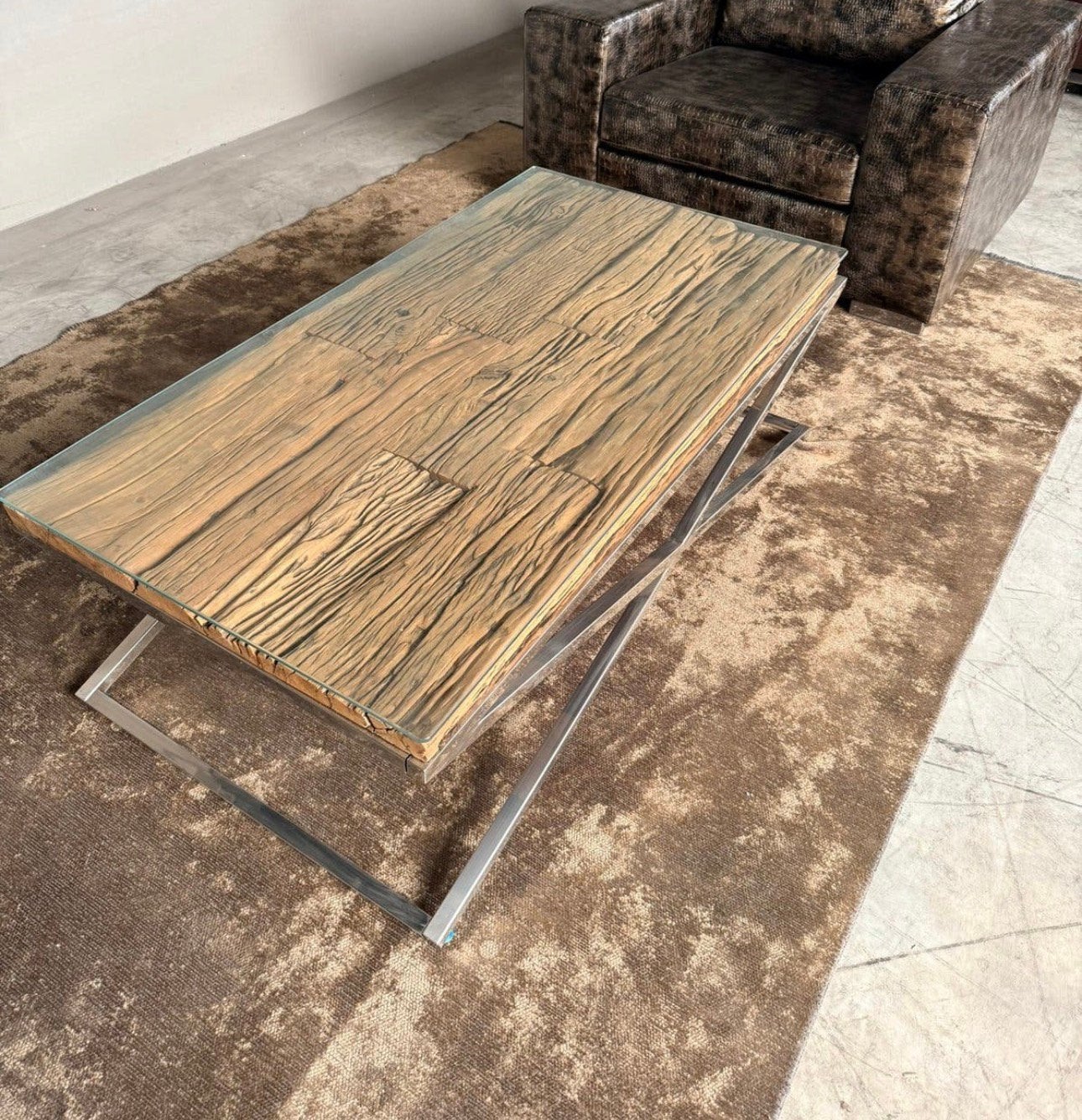 Ongebruikte salontafel houten blad + glasplaat, chrome poten, Overige materialen, 100 tot 150 cm, Nieuw, Richmond stijl