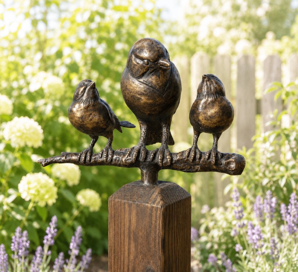 3 VOGELS OP TAK / / bronzen tuinbeeld / VOGEL