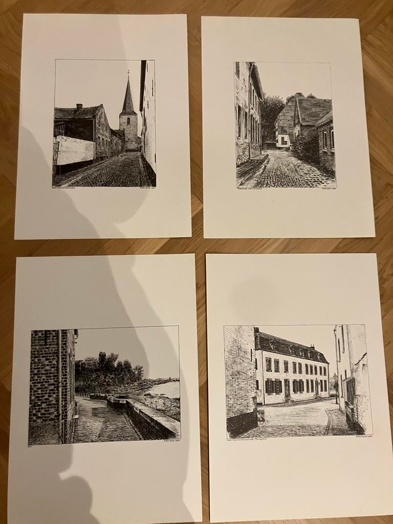 Set van 4 originele tekeningen van Eijsden door H. Mertens, Antiek en Kunst, Ophalen of Verzenden