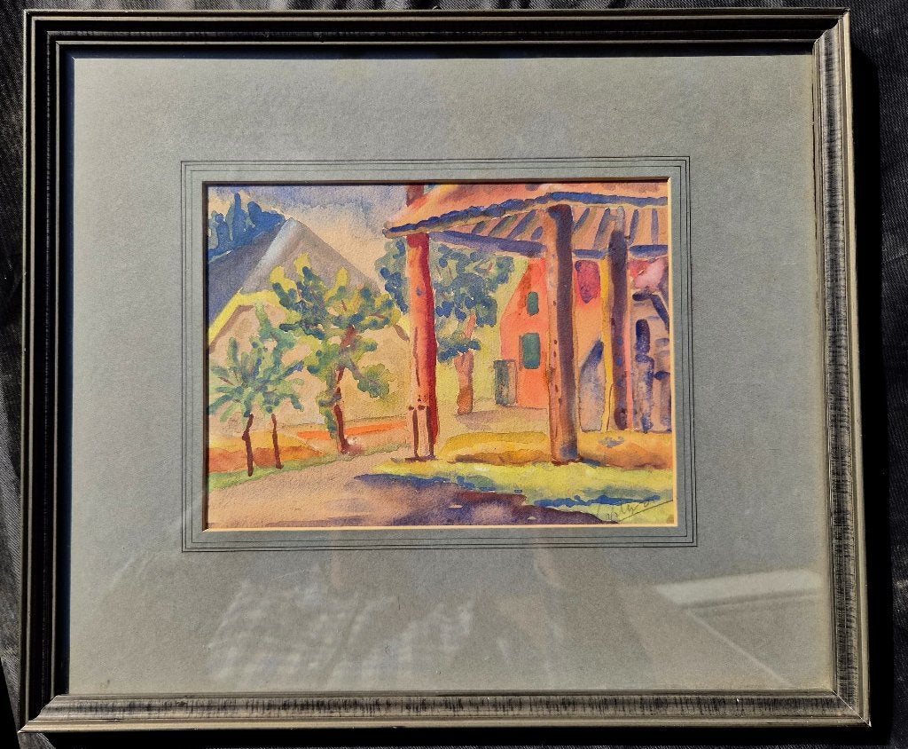 Jan Hielke Vaatstra (1926) Boerderij Limburg? ~1950 aquarel, Landschap, Aquarel, Papier/karton, Gesigneerd